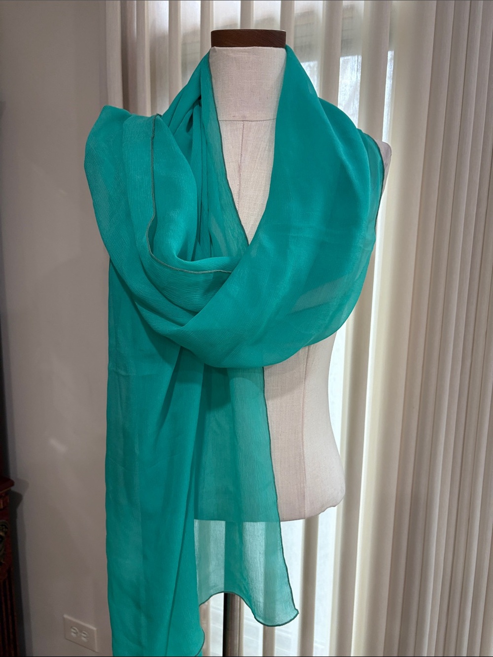 Lightweight finely texture teal green Scarf wrap minimal stitching silk delicate